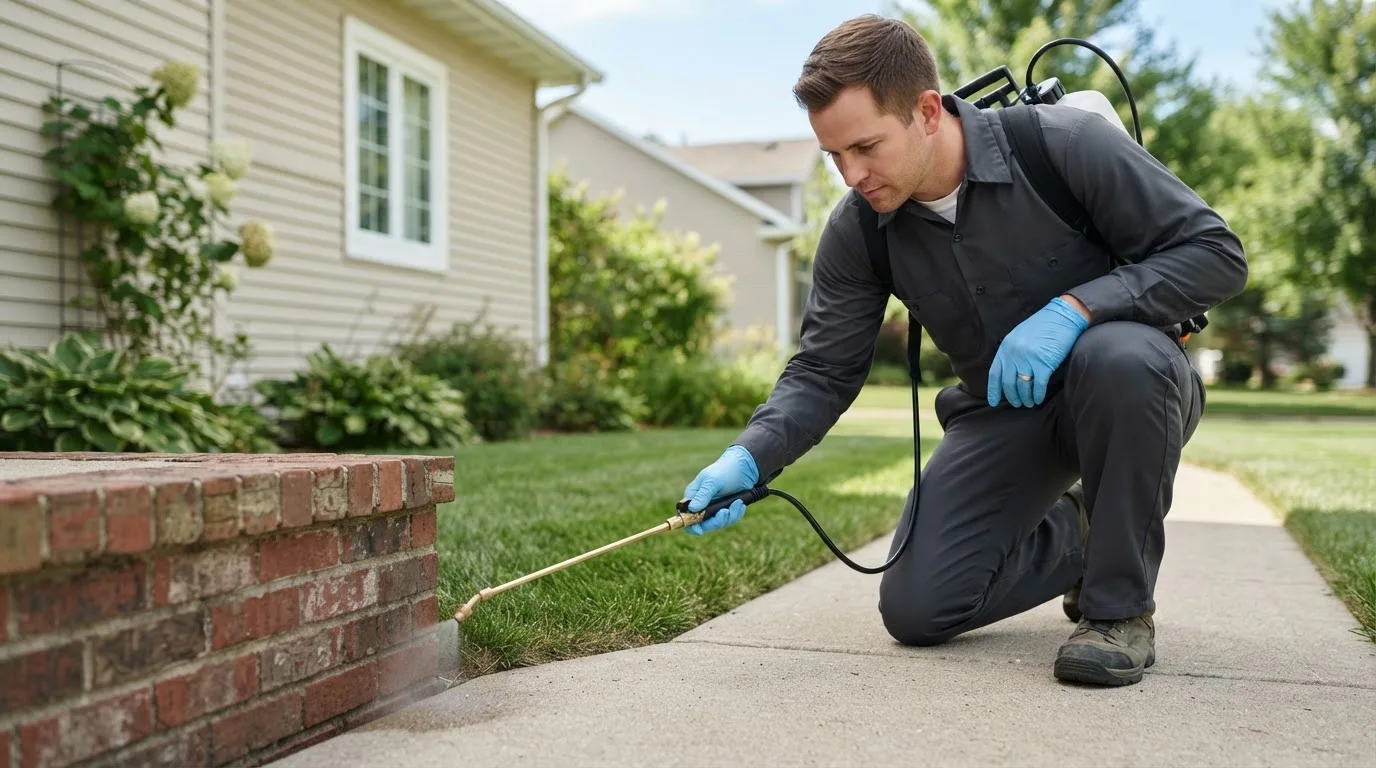 Pest control technician treating a home near Covington, VA