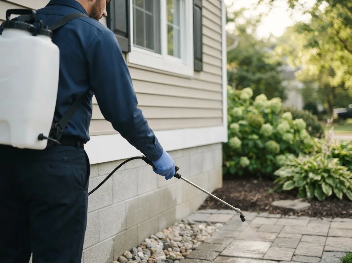 Pest control technician inspecting a home in Covington, VA